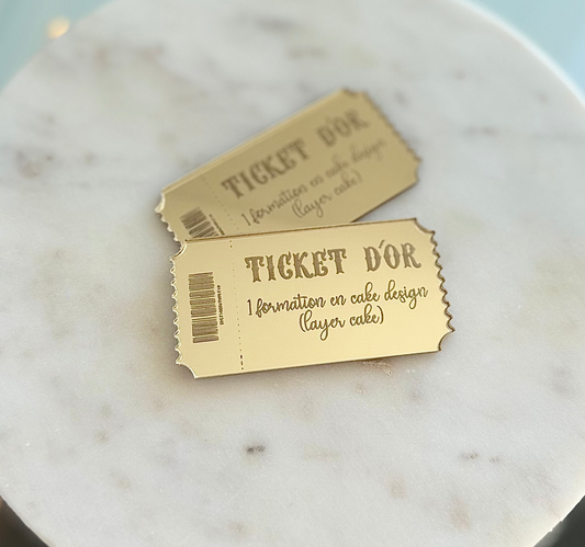🎟️ Personalisierbares goldenes Ticket aus goldverspiegeltem Plexiglas – 7 cm